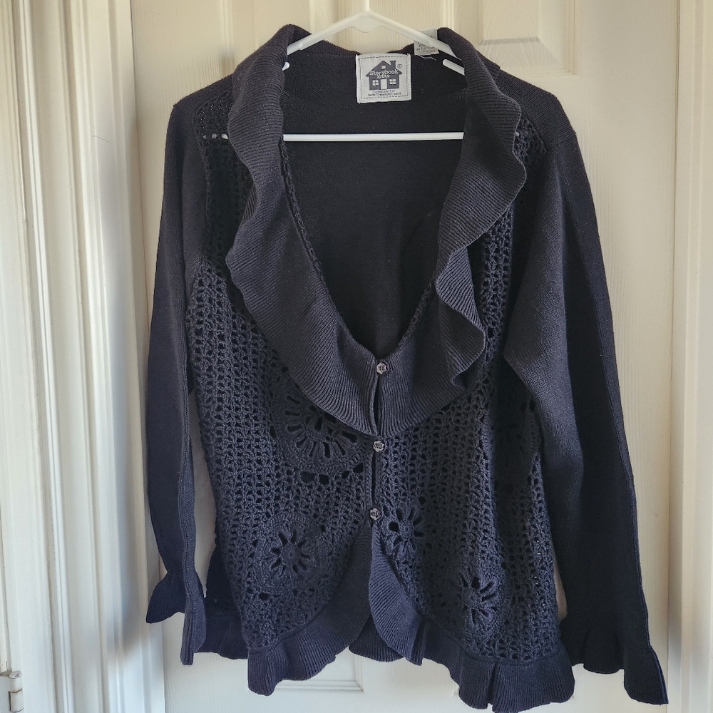 Storybook Knits Black‎ Ruffle Crochet Cardigan Size Large Dark Fairy
